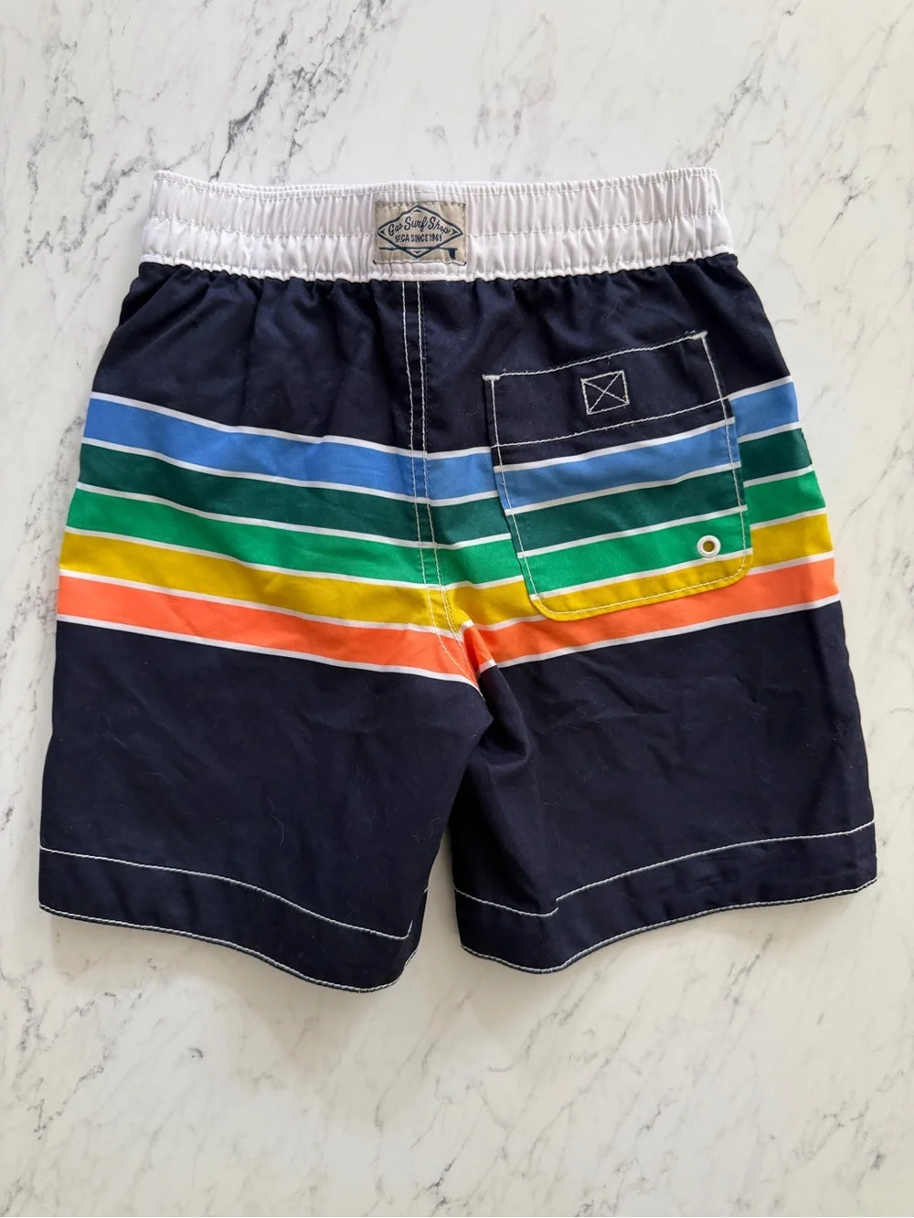Baby Gap Boys Size 5T Retro Boardshort Swim Trunks, Navy w/ Rainbow Stripes